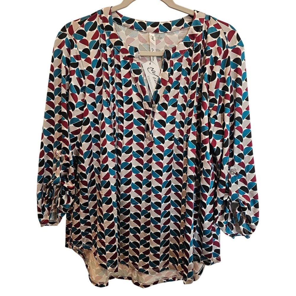NY Collection Blouse Womens 3/4 Sleeve Semi Circles Geometric V-Neck Size M NWT